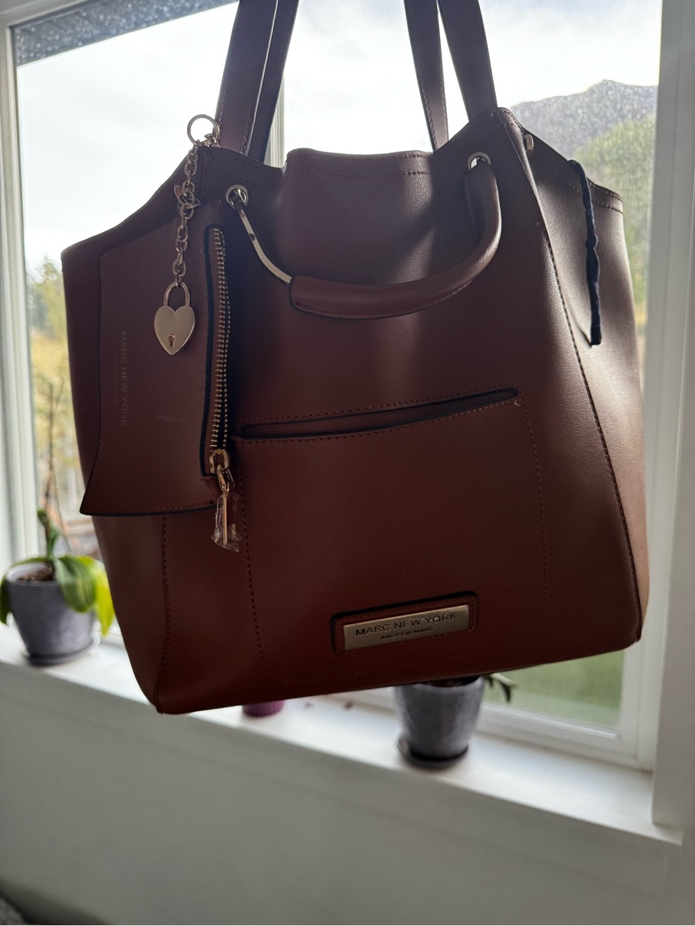 Marc New York Chestnut Brown Leather Tote with Charm